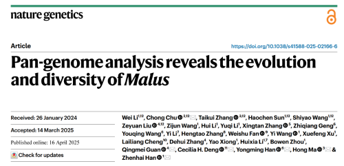 Nature Genetics | 园艺学院韩振海教授团队揭示苹果属数千万年演化轨迹 发布遗传多样性全景图